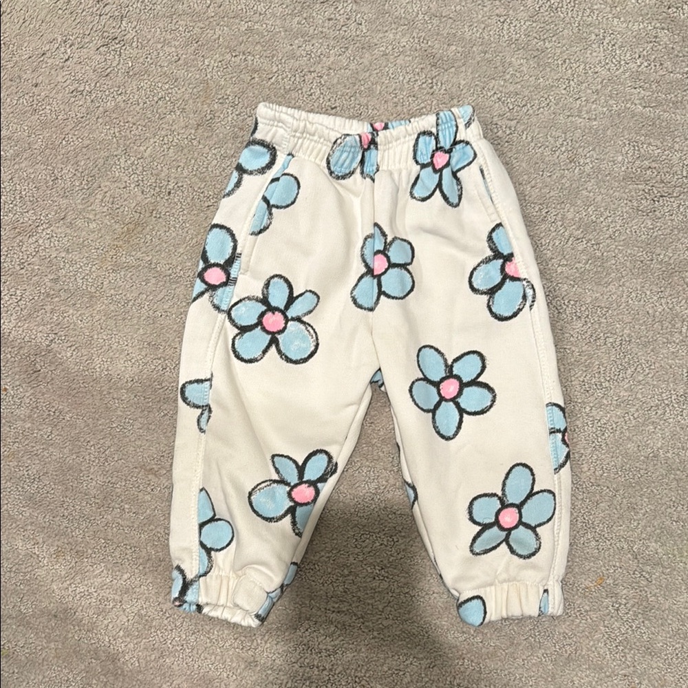 Zara Kids Floral Sweatpants - Cream and Blue